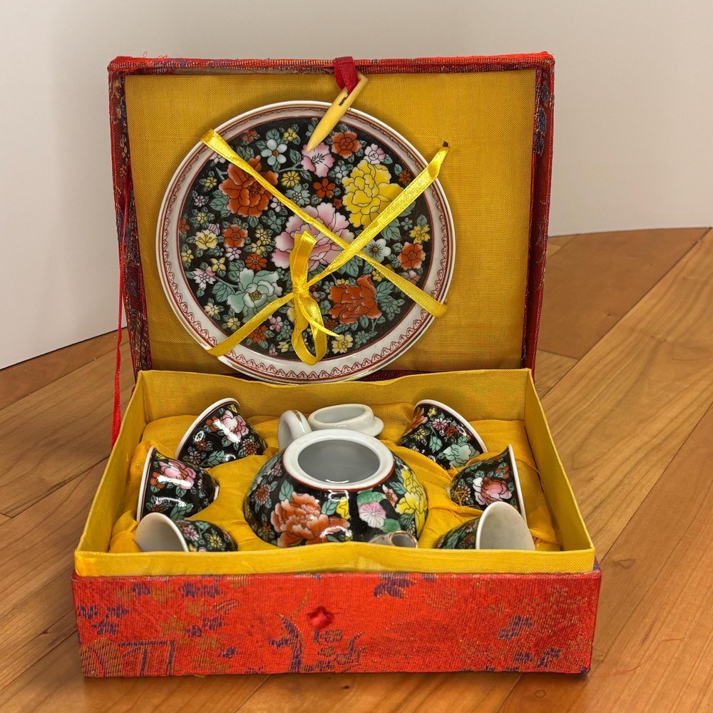 Miniature Floral Tea Set with Embroidered Presentation Box